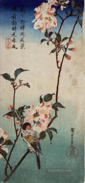350 人の有名アーティストによるアート作品 Painting - 海道桜の枝に小鳥 1838年 歌川広重 浮世絵